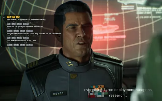 SyncLingo overlay translating English game audio into German, in Halo