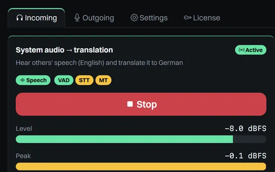 Live translation, English to German